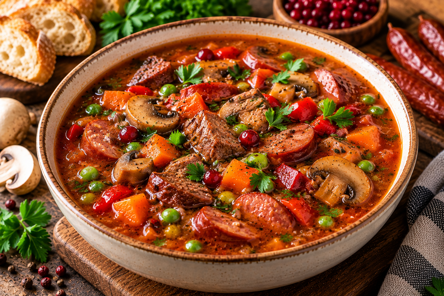 Мисливський суп з яловичиною, ковбасками та грибами