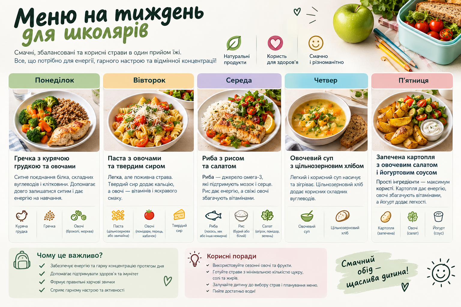 Меню на тиждень для школярів: 5 варіантів корисного шкільного обіду
